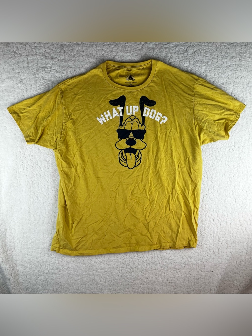 Disney Theme Parks Mens XXL Yellow Graphic Tshirt Pluto What Up Dog Relaxed